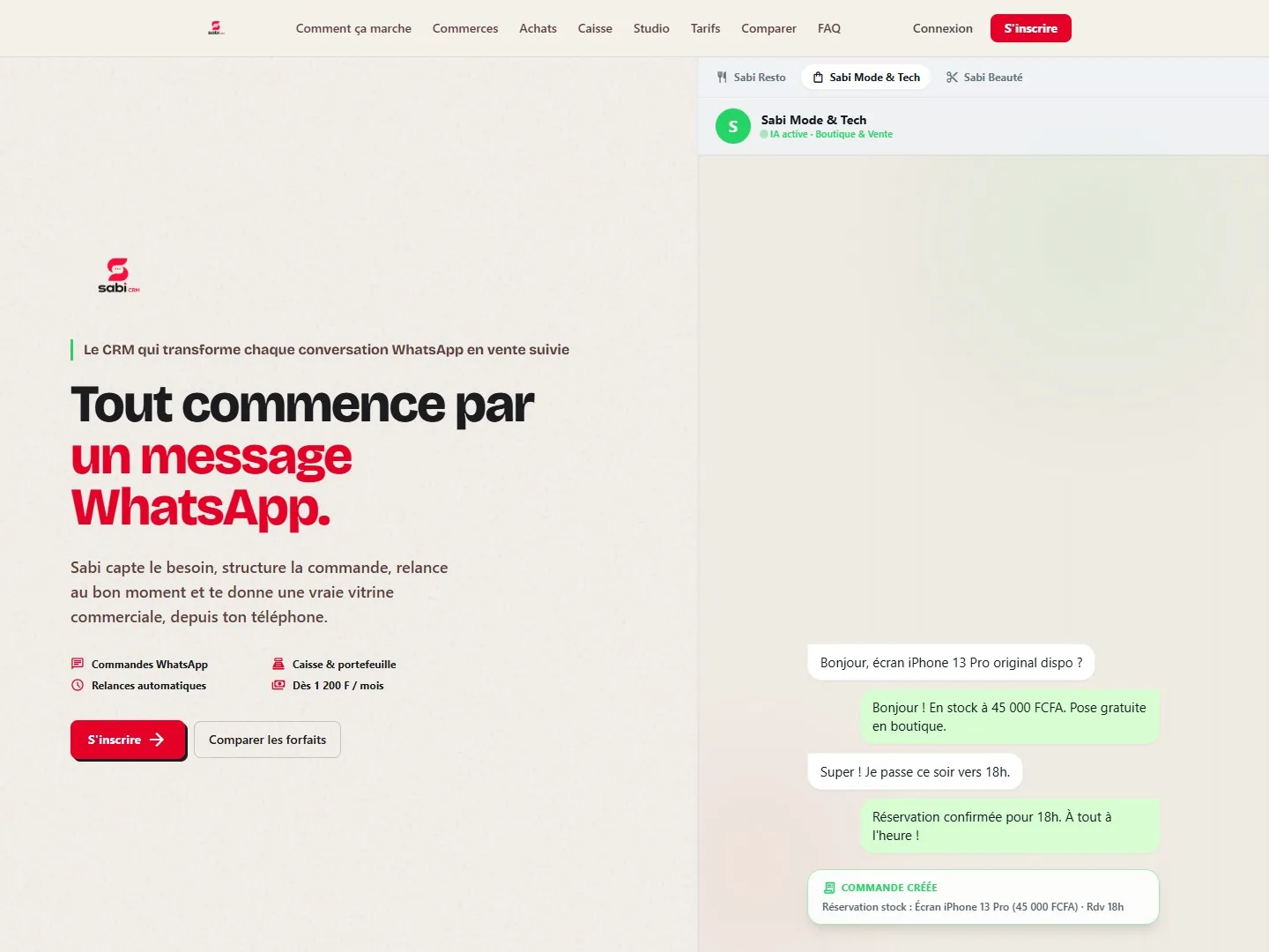 Capture d'écran de Sabi CRM : une conversation WhatsApp transformée en commande