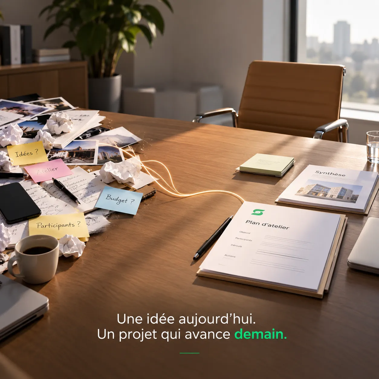Espace de travail SABI : idées, participants et plan d'atelier réunis dans un même projet